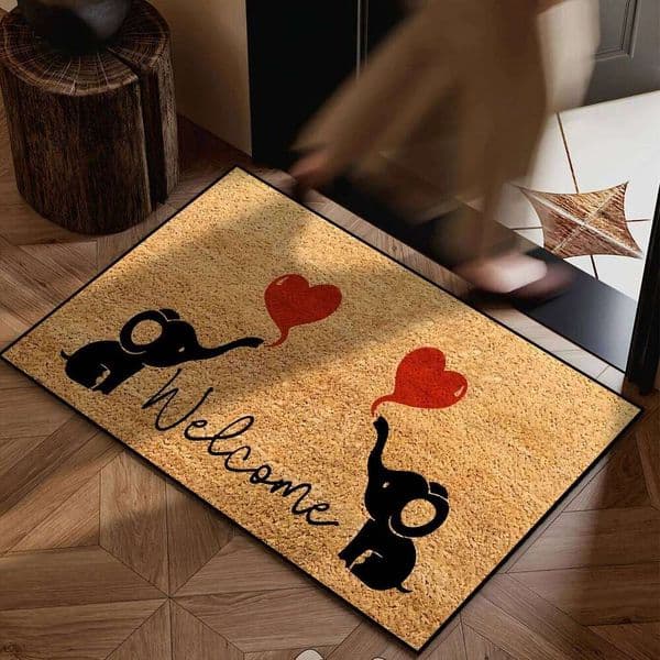Elephant Shaped Welcome Doormat, Valentine's Day Heart Pattern, Non-slip, Machine Washable, Woven Knitted Fireproof 26Y0211