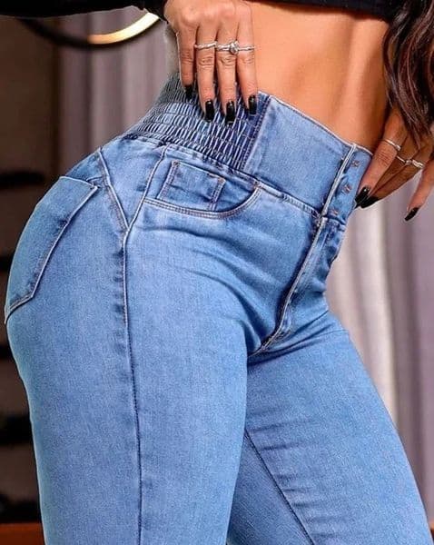 Sexy Elegant Fashion Casual Female Trouser Bottom Back Shirred Button Front High Waist Jeans 260209BJ