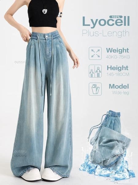 Summer Soft Cozy 100Lyocell Fabric Woman Jeans Loose Wide Leg Elastic Waist Pants Fashion Casual Trousers Plus Length 260209BJ