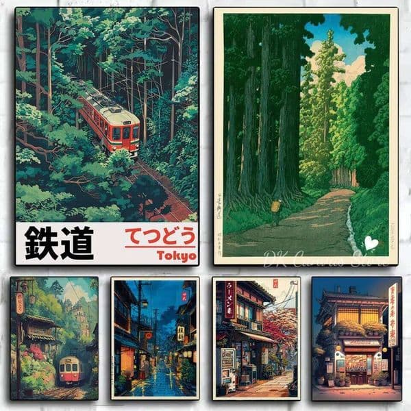 Japanese Tokyo Train Forest Canvas Print Poster Japan Anime Travel Landscape Street Prints Living Room Wall Art Home Decor 26Y0210