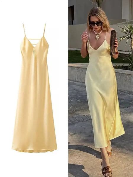 HH Women Summer Yellow Stain V Neck Sling Dress Elegant Sleeveless Loose Maxi Robes 2025 Ladies Party Holiday Dresses 260128BANJIA
