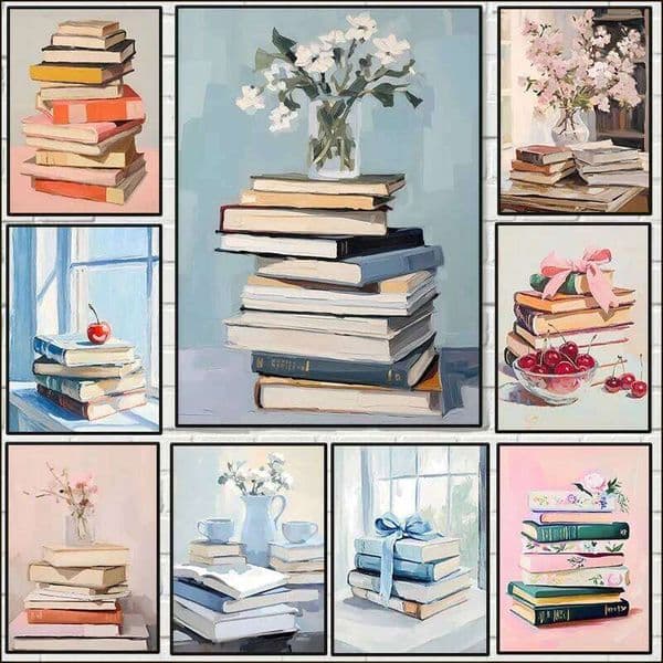 Book Lover Print Poster Stack of Books Bookworm Pastel Canvas Painting Trendy Wall Art Apartment Aesthetic Study Room Home Decor 26Y0210