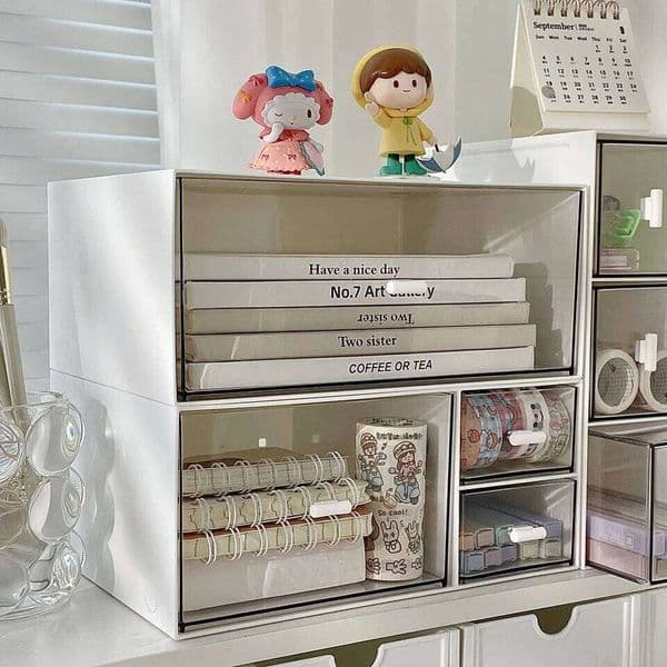 Desktop Storage Box, Transparent Drawer Style Stationery and Cosmetics Organizer, Student Pen Holder, Sundries Office Shelf 26Y0211