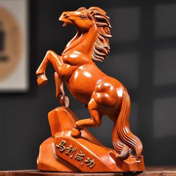 Rosewood Carved Horse Statue - Wealth Lucky Zodiac Horse Decor for HomeOffice Desk Chinese Feng Shui Craft Gift for Birthday 260130BJ