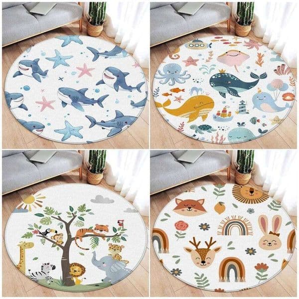 Cartoon Round Carpet Ocean Fish Dolphin Starfish Cute Deer Lion Elephant Tiger Kids Bedroom Mat Home Living Room Decor Floor Rug 26Y0211