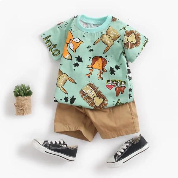 Sanlutoz Cute Infants Boys Clothing Sets Cotton Short Sleeve Baby Tops Shorts 2Pcs born Cartoon Clothes 260207