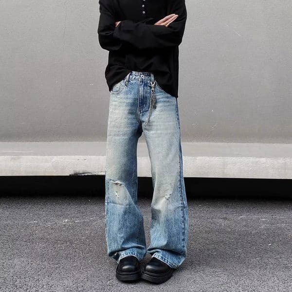 Retro ripped flared jeans mens cleanfit loose straight all-match trousers 260206BJ