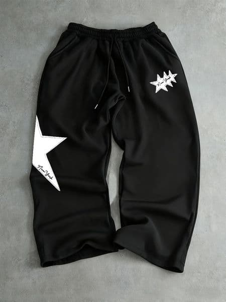 Mens Black Jogging Pants Text and Star Print Hip Hop Street Pants Drawstring Elastic Waistband Loose Casual Pants 260207