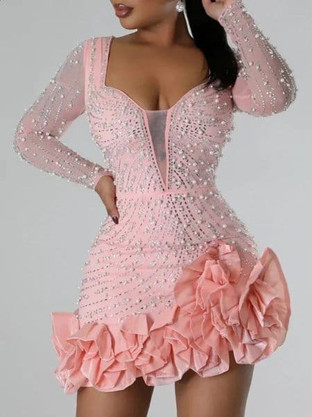 Party Dresses Beading Diamond Long Sleeves Ruffles for women Shiny Elegant Wedding Guest Gown Occasion Celebrate Birthday 260128