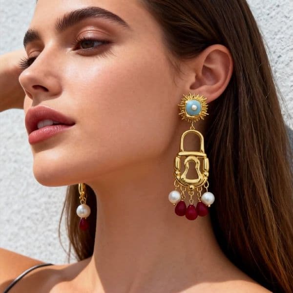 Lock head keyhole colored beads tassel earrings Schiaparelli dopamine enamel lock hole design brass Tassels Eardrop For Bride's wedding