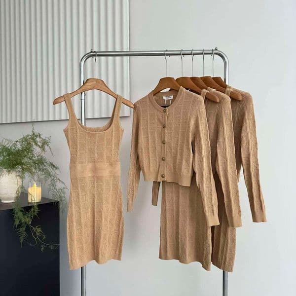 Women's Elegant Two Pieces Knitted Set Lady Spring Autumn Long Sleeve O Neck Single Breasted Cardigan + Sleeveless Dress Mdng260223