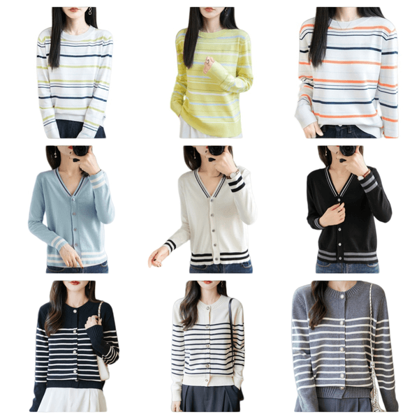 Autumn new style loose casual pure cotton striped knitted sweater long sleeved western-style base shirt top S-2XL