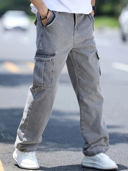 Mens multi pocket denim work pants straight leg denim pants 260206