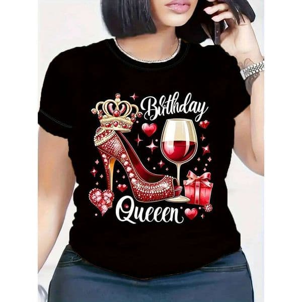 ZHE HAN Red Birthday Queen Women's High Heels And Crown Wine Glass Pattern Tshirt Casual Short Sleeve Round Neck T-Shirt Machine Wash