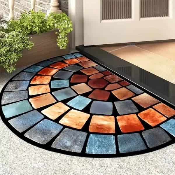 VIKAMA American Vintage Half Circle Entryway Doormat Colorful Stone Tile Mosaic Pattern Non Slip Absorbent Rug Home Decor 260202