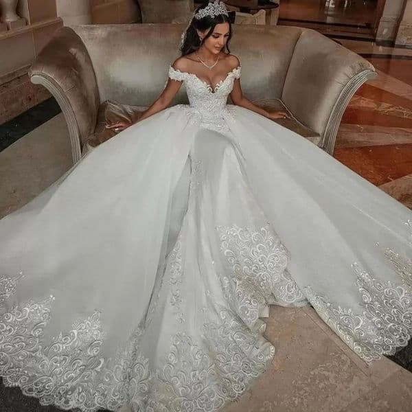 Princess Lace A Line Wedding Dresses With detachbale Skirt Appliques Off the Shoulder Ivory Long Bridal Gowns 2026 Arabic Dubai Bride Wear Vestido de Novia F12