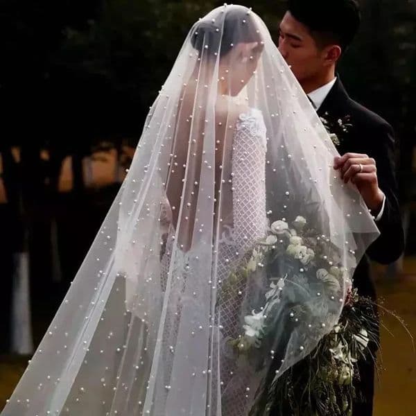 Pearls Bridal Veil 2 Tiers Blusher Wedding Veil Drop Veil Face-Covered With Comb White/Ivory Velos de Noiva Bead Cathedral 300cm 260208