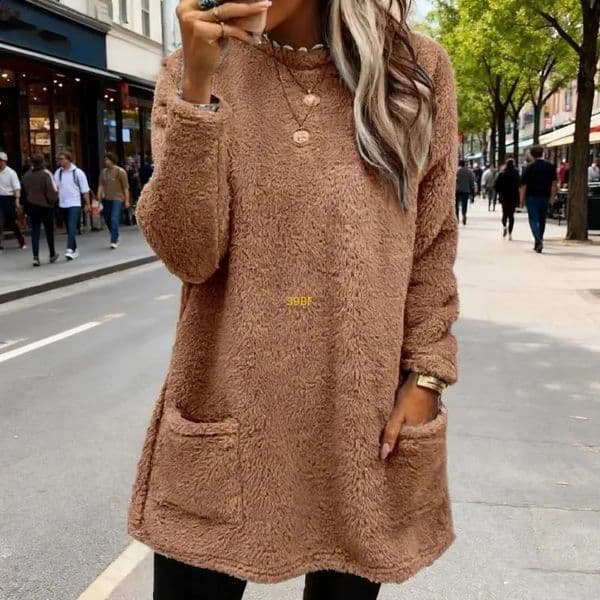 Winter Thick Fleece Sweatshirt For Women Long Sleeve Neck Tunics Top Thermal Pullover with Pockets Fuzzy Outerwear 260130BJ