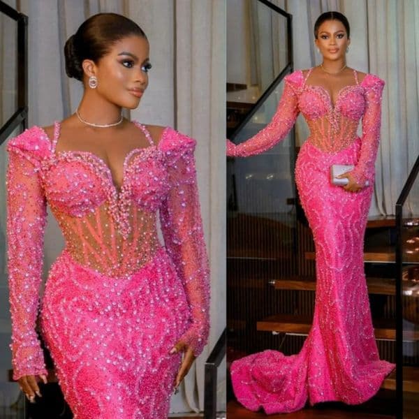 Aso Ebi Fuchsia Prom Dresses for Black Women Evening Dresses Elegant Illusion Long Sleeves Beaded Lace Sparkling Birthday Reception Gowns Dress BC205044F09