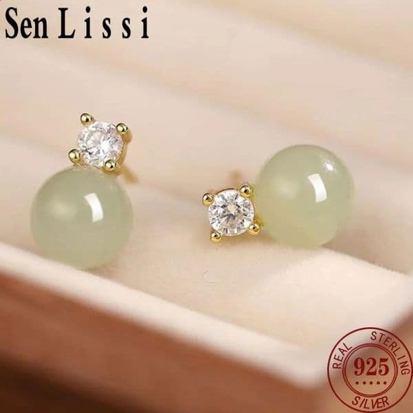 Senlissi- Fashion Retro Natural an Jade Stud Earrings for Women 8-14mm S925 Sterling Silver Jewelry Gifts 260205