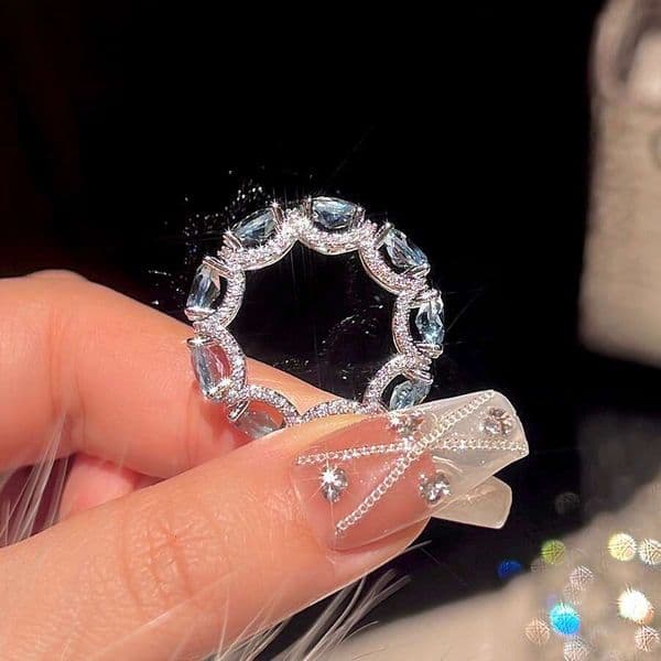 Rings and Bracelet Silver Plated Blue Cubic Zirconia Gemstone Design for Wedding Engagement Party Gift High Quality Texture
