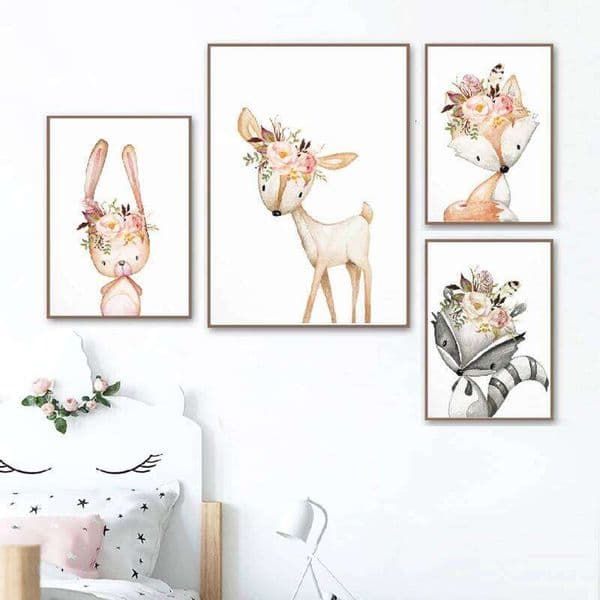 Baby Girl Gift Nursery Decoration Woodland Animals Posters Print Watercolor Flowers Animal Canvas Painting Wall Pictures 26Y0224
