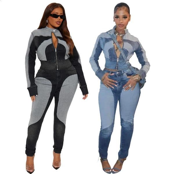 Fashion Two Tone Washed Denim Moto Jacket and Pants 2 Pieces Set for 2025 Fall Woman Casual Jeans 2piece Sets Outfits Streetwear 260121