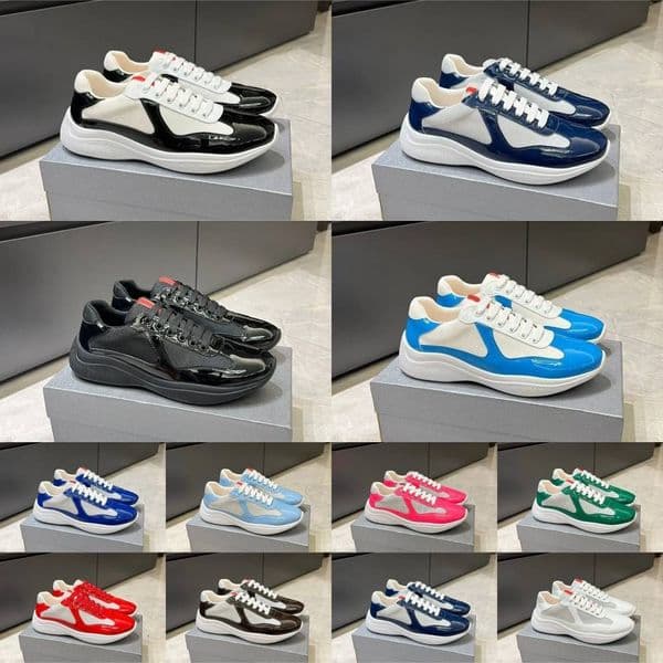 Designer Americas Cup Sports Casual Shoes Outdoor Trainers Men Women Patent Leather And Technical 78 Fabric Runner 25 Flat Sneakers Black White Blue Red Grey Rubber