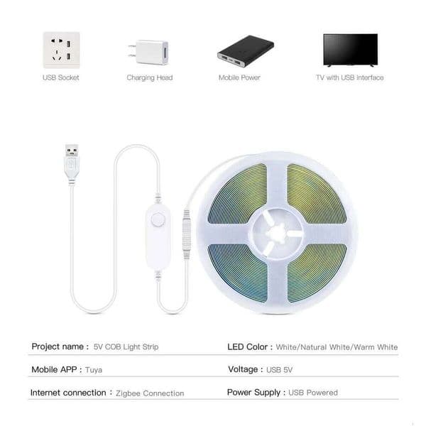 Smart Switch ZigBee COB LED Lights Strip Tuya Alexa USB 5V Dimmable Neon Tape Room Cabinet Car Decor TV Backlight WIFI Lamp 1-5M 26H0224
