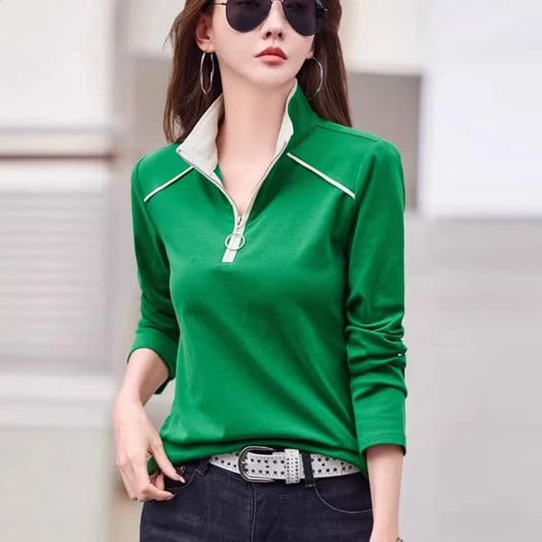 European Station Long sleeved Tshirt Womens Spring and Autumn High end Light Zipper Stand up Neck Loose Casual Top 260209