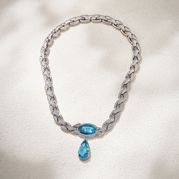 Necklace Sea Blue Water Drop Necklace, Gold-Plated Heavy-Duty Cuban Cha, Luxurious Texture Necklace, Women's Eveng Wear Necklace