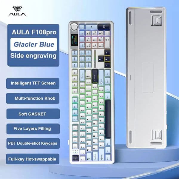 AULA F108 Pro Gaming Mechanical Keyboard Tri Mode Custom Multi-Knob Sn RGB Esports Wireless Keyboard with TFT Smart Display 260202 Y260525