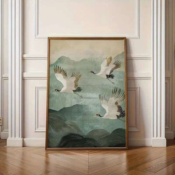 1pcs White Crane Flying Mountain Canvas Poster Abstract Retro Japanese Wall Printing Modern Living Room Bedroom Home Decor Gift 26L0224
