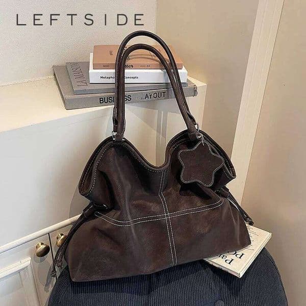LEFTSIDE PU Leather Tote Bag Women Top Handle Purse with Contrast Stitching Female Shoulder Handbag Work Bags for Daily Use Z260224
