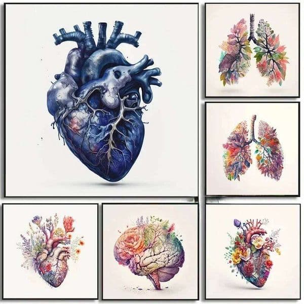 Watercolor Flowers Anatomical Heart Brain Lungs Canvas Poster Artistic Wall Art Prints for Living Room Bedroom Decor 26Y0224
