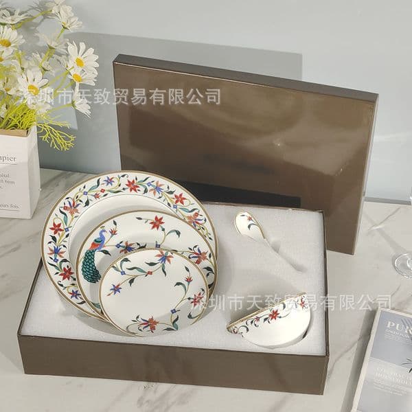 Household simple light luxury bone china tableware peacock flower five-piece set of bowls, spoons, dishes and plates combination gift