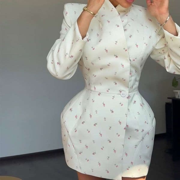 European American Cross Border Women S Fashion New Collection Elegant High End Stand Up Collar Printed Waist Cinching Long Sleeve Blazer Luxury