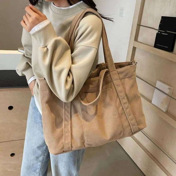 Solid Color Corduroy Shoulder Large Capacity Korean Style Canvas Tote Casual Handbag Crossbody Bag Girls Z260224
