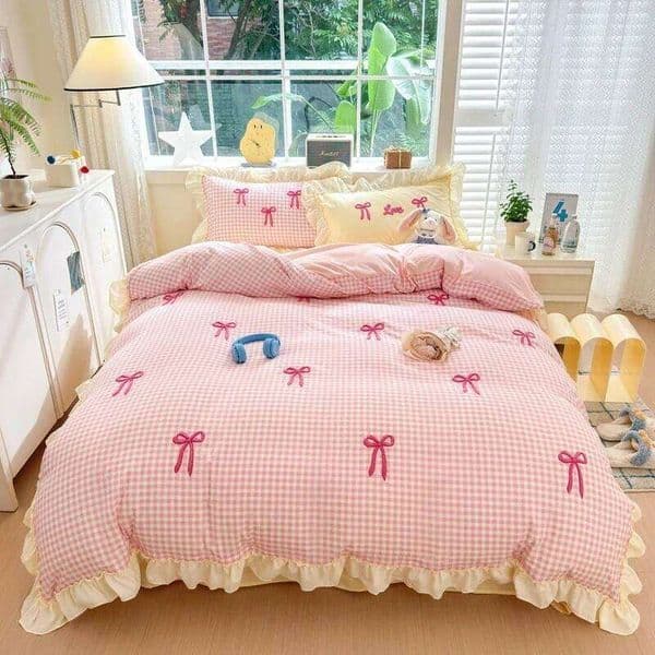 Classic Plaid Duvet Soft Lace Bedding Set, Bow Design Skin-friendly Quilt Cover, 2 Pillowcases with Different Patterns S260224