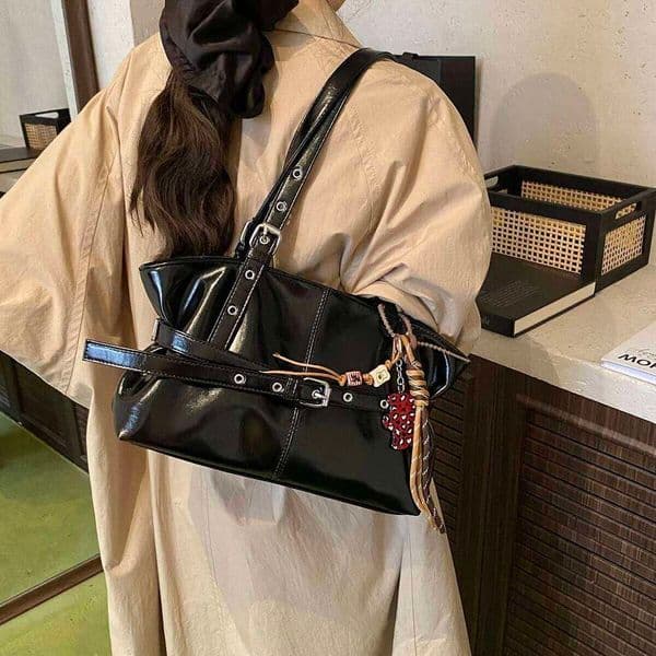 Korean-Style Casual Waxed Leather Large-Capacity Tote Bag, Fashionable Shoulder for Women, Simple and Versatile Underarm Bag Z260224