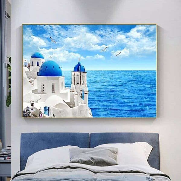 Nordic Seascape Santorini Canvas Painting Wall Art Landscape of Blue Sea Sky Posters and Prints for Living Room Home 26Y0224