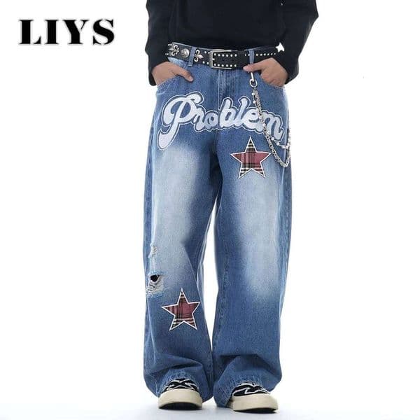Blue Retro Embroidered Oversized Baggy Wide-Leg Jeans Unisex Skateboard Ripped Denim Men's Clothes Mopping Pants Q260225
