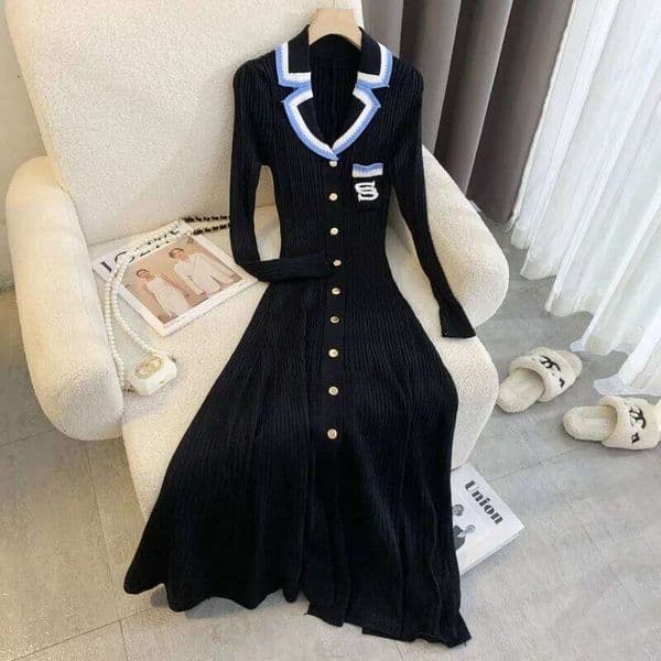YuooMuoo Elegant Embroidery Letter Knitted Maxi Autumn Winter Brand Fashion Lady Notched Black Sweater Dress Office Robes XJ260225