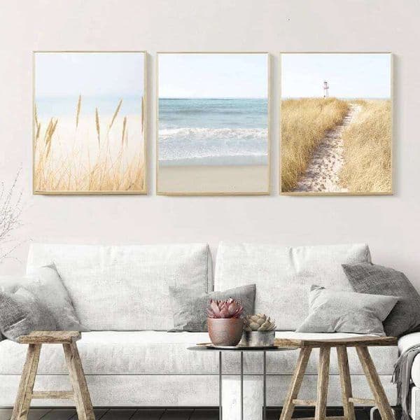 Coastal Art Canvas Painting Pastel Beach Landscape Posters and Prints Pampas Grass Wall Pictures for Living Room Home Decor 26H0225