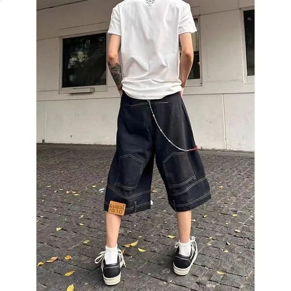 Hip Hop Retro Waist Inverted Men Denim Shorts Instagram Gothic Street Apparel Loose Straight Leg Pants Sports Pants 260207