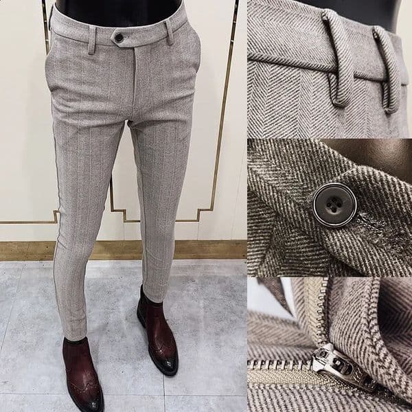 Autumn Winter Striped Woolen Cloth Suit Pants Men Casual Slim Straight Warm Trousers Formal Business Social Office Dress 260130BJ