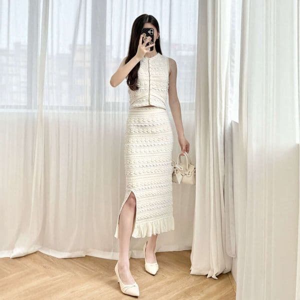 Designer Inspired Women's Knit Dress, Beige Floral Lace Sleeveless Slit Hem Ruffle Trim Elegant Midi Dress Casual Daily