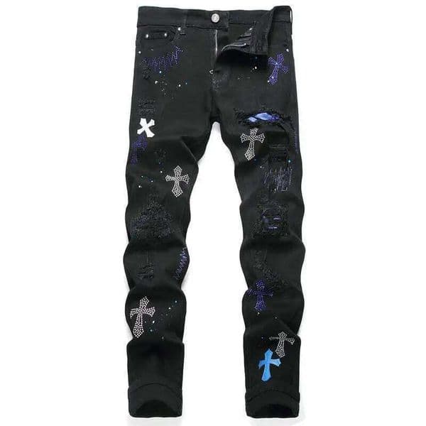 European Jeans With Distressed Patches, Black Trendy Elastic Slim Fit Leggings, Personalized Men's Pants Q260225