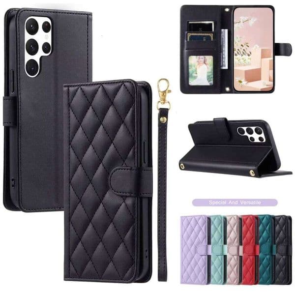 Checkered Leather Wallet Case For Samsung Galaxy S25 S24 S23 Ultra S22 S21 S20 FE S10 Note 20 10 Plus 9Lanyard Flip Phone Cover J260205