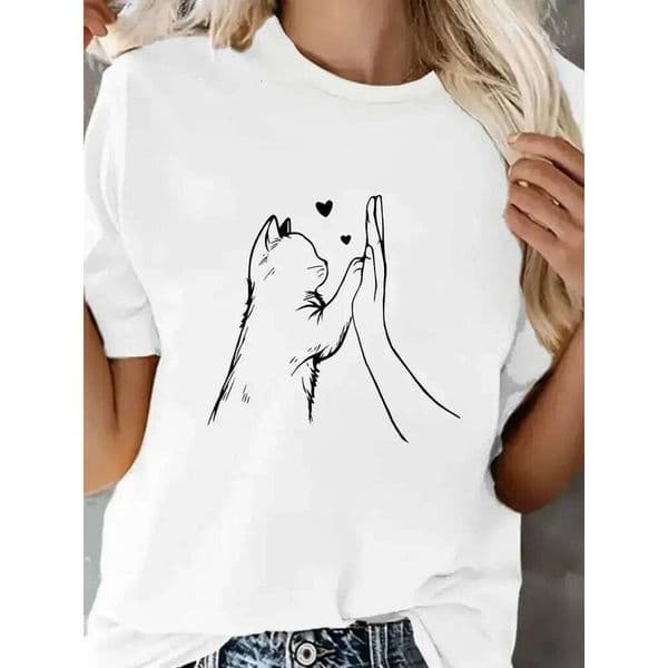 Comfortable Lovely Cat Paw Heart Print Short Sleeve T Shirt Women's T-Shirt Clothing Top Tee H260225
